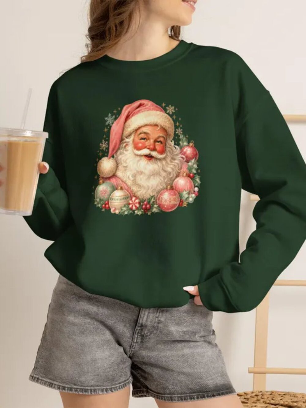 Vintage Pink Hat Santa Christmas Sweatshirt Forest Green New Large